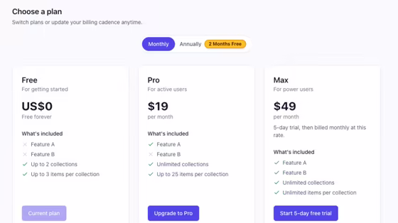 Billing plans UI screenshot