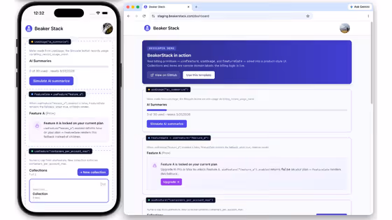 Beaker Stack web and mobile app screenshots side by side
