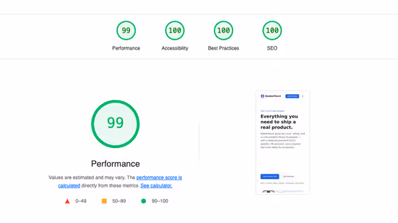 Lighthouse performance and SEO audit scores for Beaker Stack
